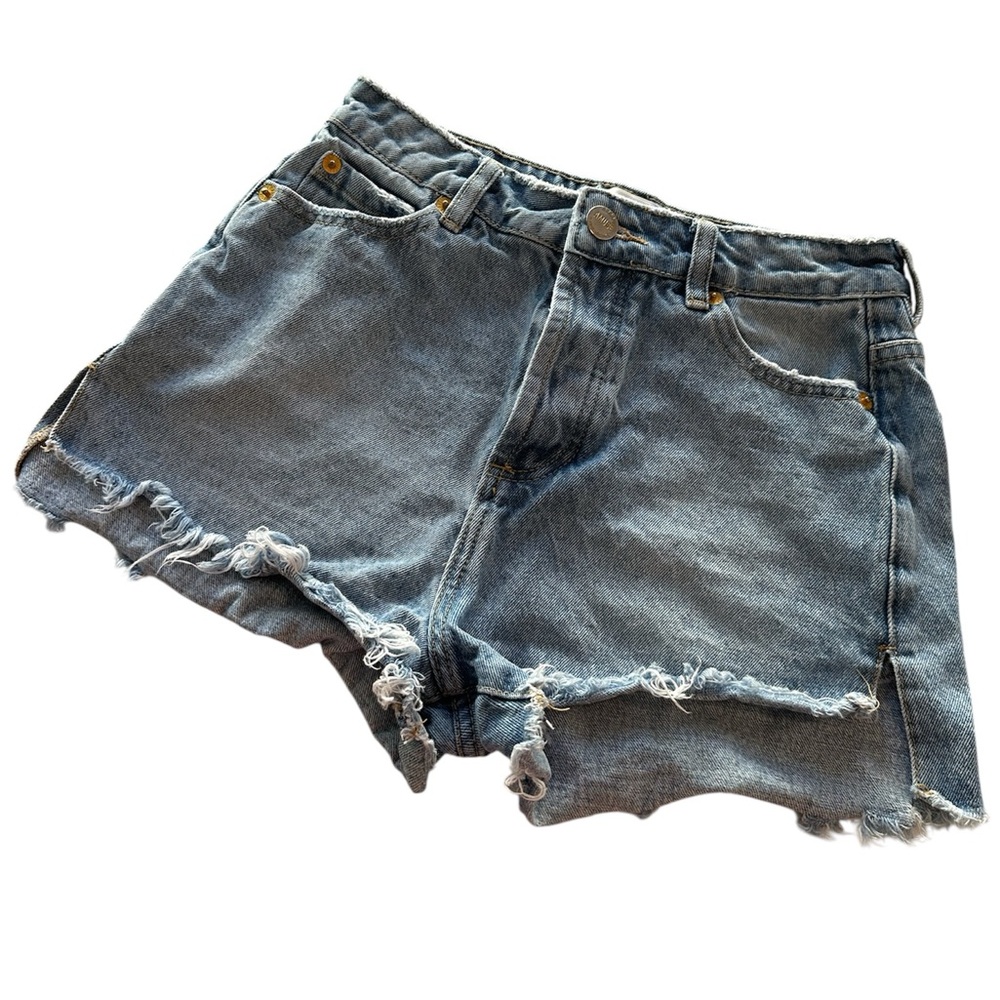 Amuse Society Jean Shorts High-Waisted Button Fly Frayed Hem Blue Womens Size 25